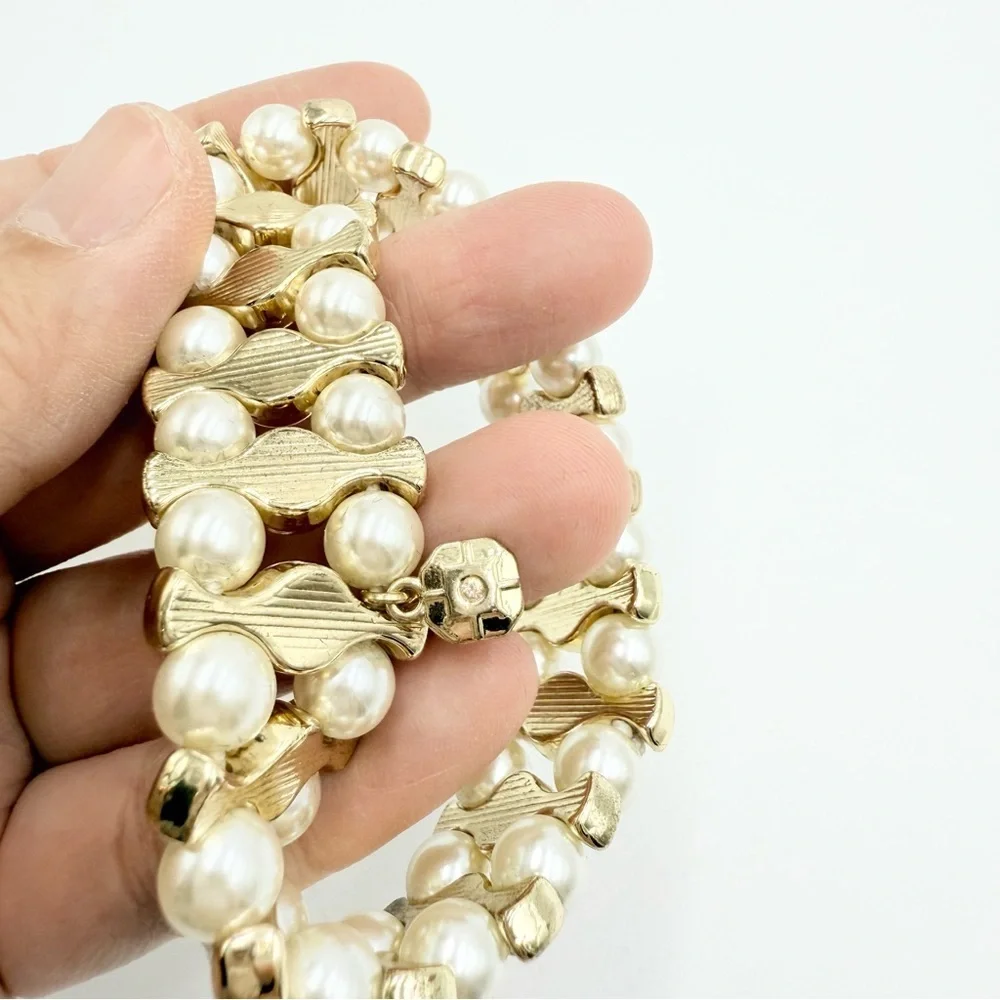 Monet Gold Tone Rhinestones Faux Pearl Stretch Bracelet